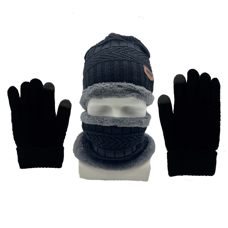 Men's Cozy Knit Hat Scarf Gloves Set Thick Fleece Lining Winter Warmth