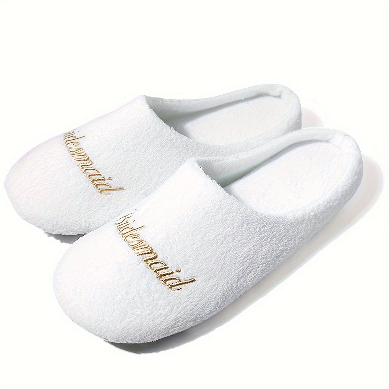 Ayollar uchun oq mo'rt va shilimshiqlik bilan bezatilgan to'yli va oltin harflar bilan yozilgan uy poyabzali