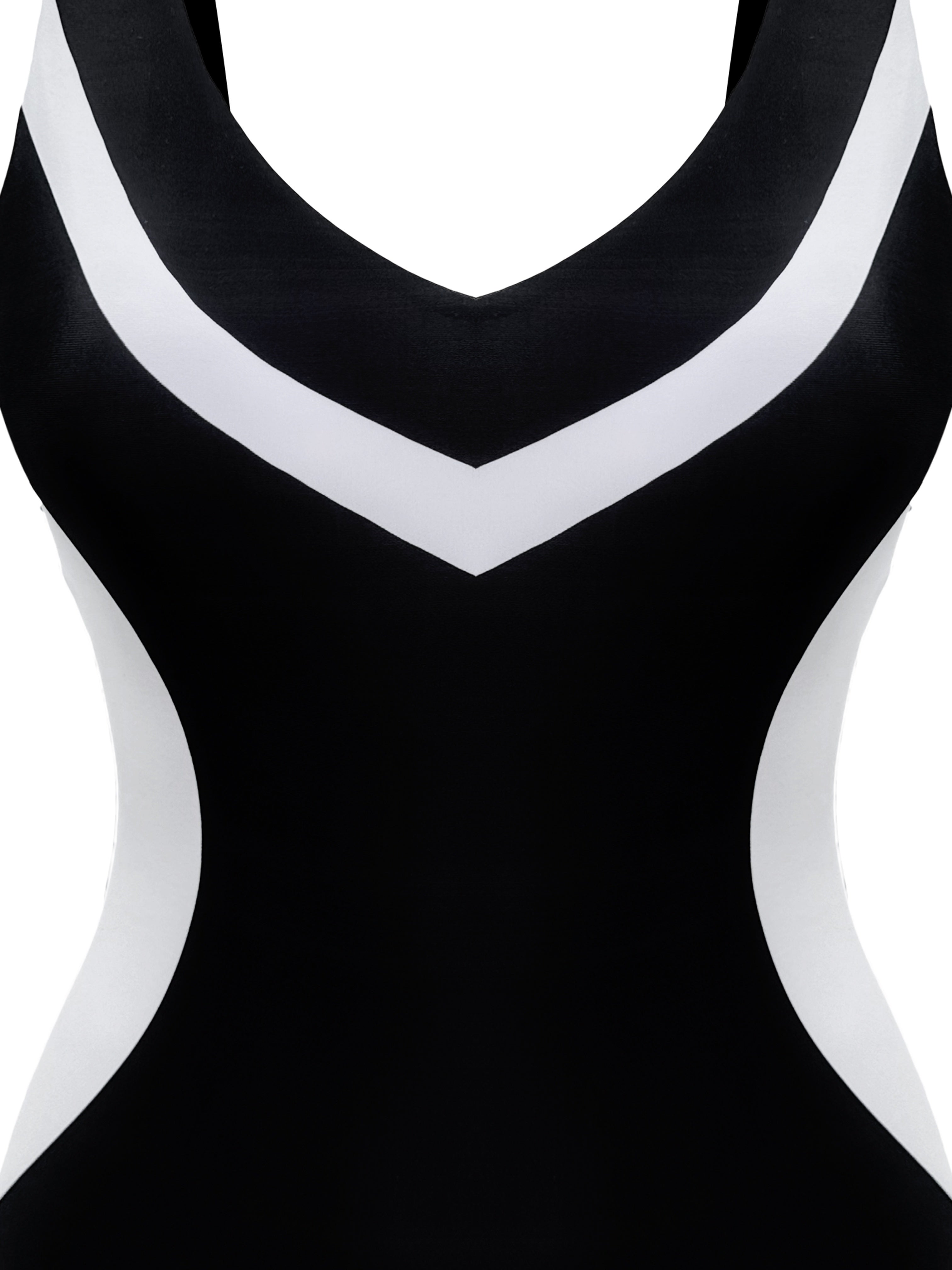 "Savdo" Ushbu ayollar uchun qora va oq rangdagi, yumaloq bo'yinli bir parcha suzish kiyimi, ingichka va belni shakllantiruvchi xususiyatlarga ega.