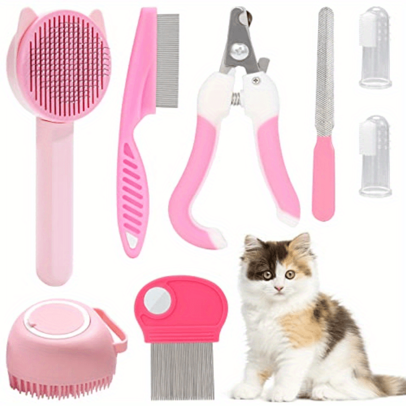 8-Piece Cat Grooming Kit with Self-Cleaning Brush Nail Clippers Comb Shedding Brush and Toothbrush