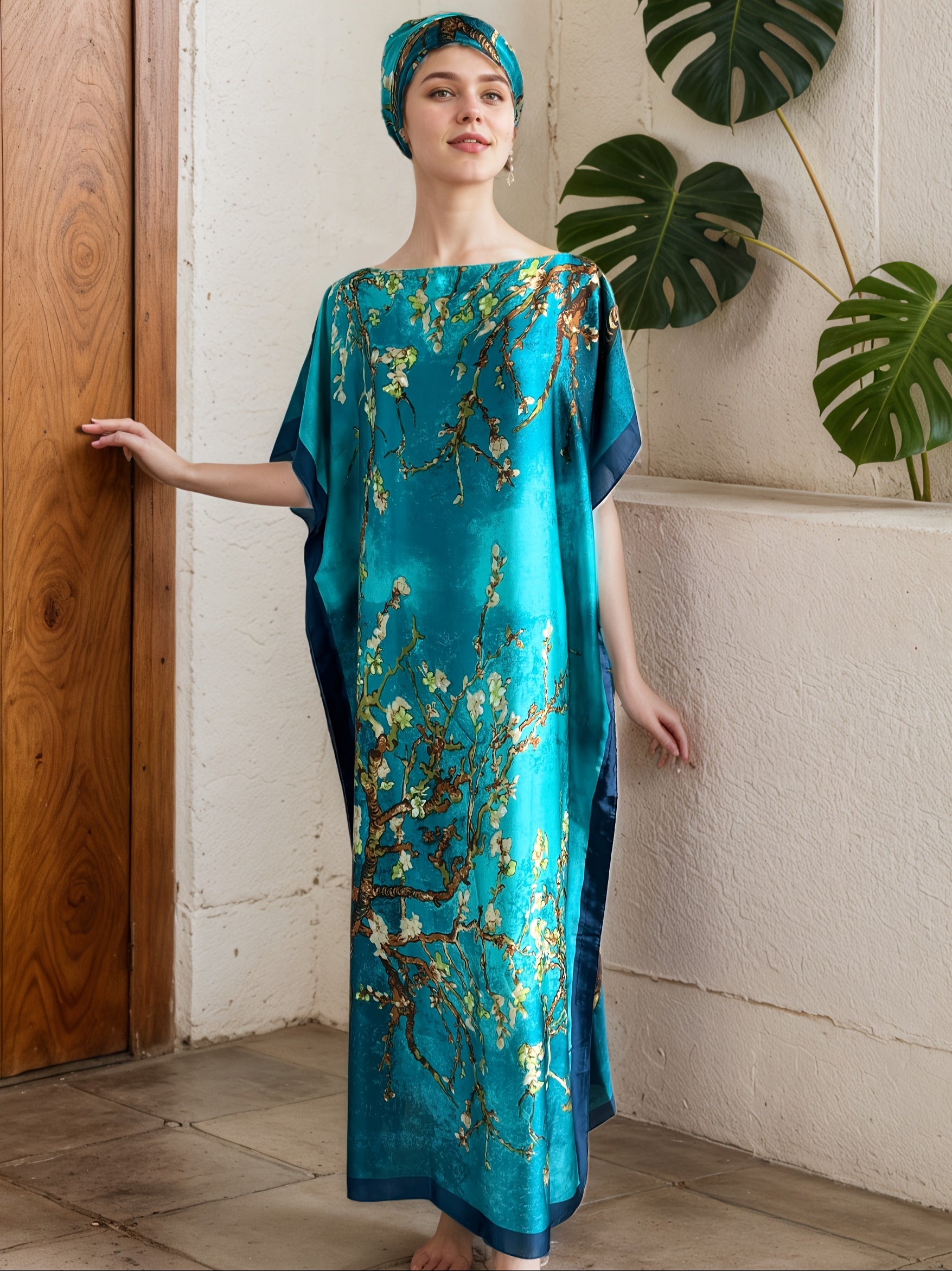 Plus Size Women's Floral Dress with Scarf Emerald Green Blue Peony Short Sleeve