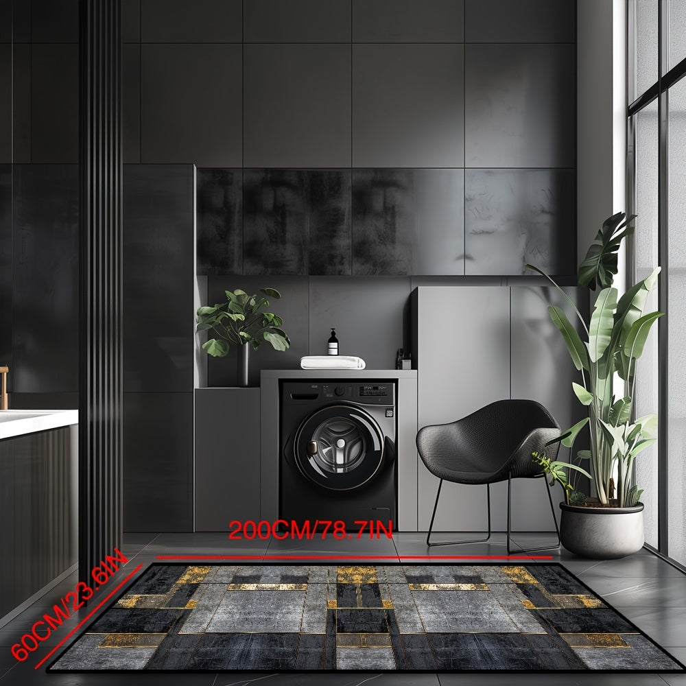 Non-Slip Velvet Runner Rug with Geometric Checkered Pattern for Corridor and Office