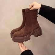 Women Chunky Platform Ankle Boots Brown Slip-On Zipper Cushioned Sole