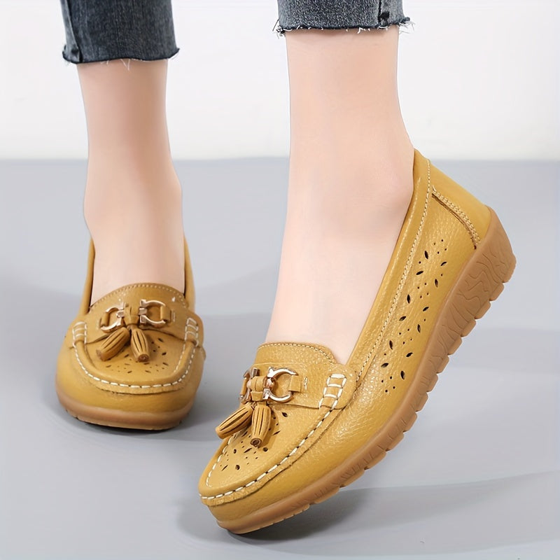 Women's Hollow Out Leather Loafers Flat Slip-On Shoes for Breathability