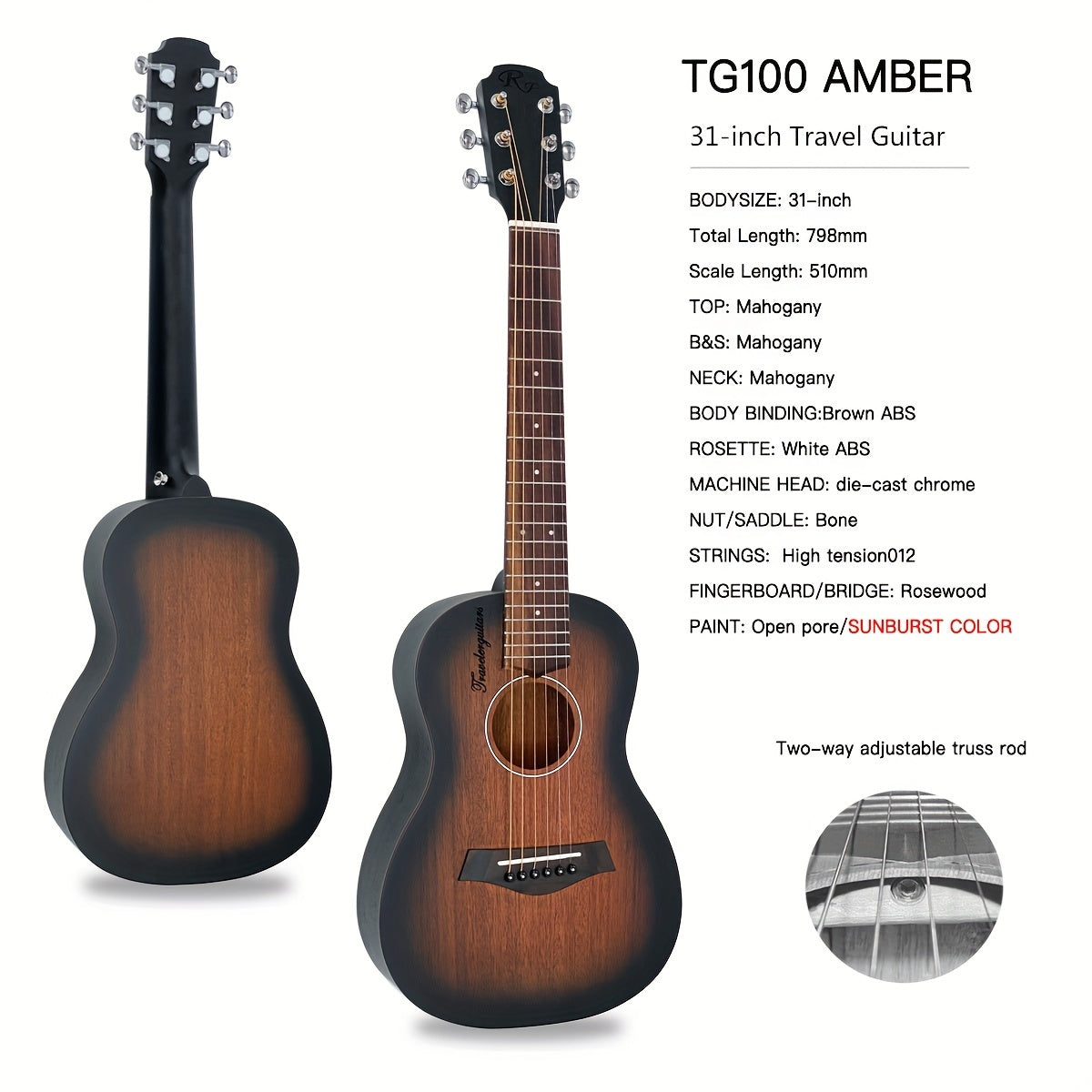 Ultra-Mini Travel Acoustic Guitar with Mahogany Neck and Sides Rosewood Fingerboard 20 Frets