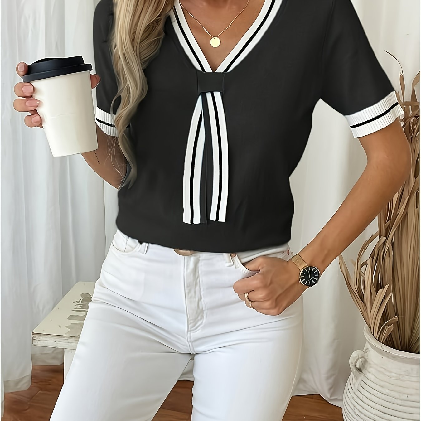 Plus Size Women's V-Neck Blouse Short Sleeve Light Pink Casual Stretch