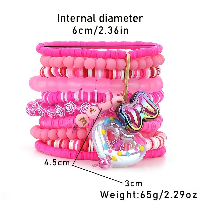 Pink Resin Beaded Bracelet with Heart and Butterfly Charms for Women