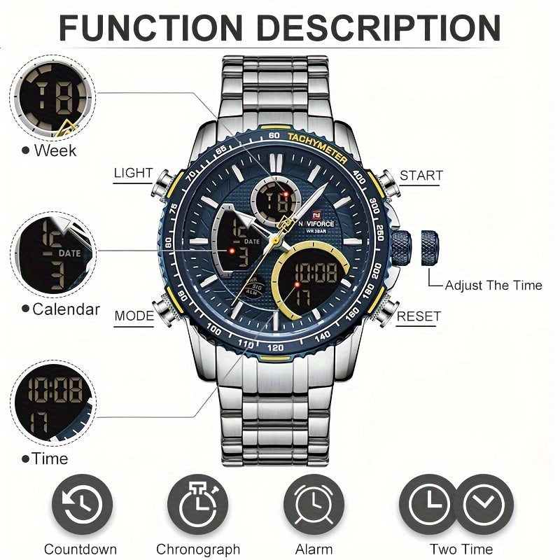 Men's Stainless Steel Wristwatch with Night Vision, Multiple Dials, Date Display