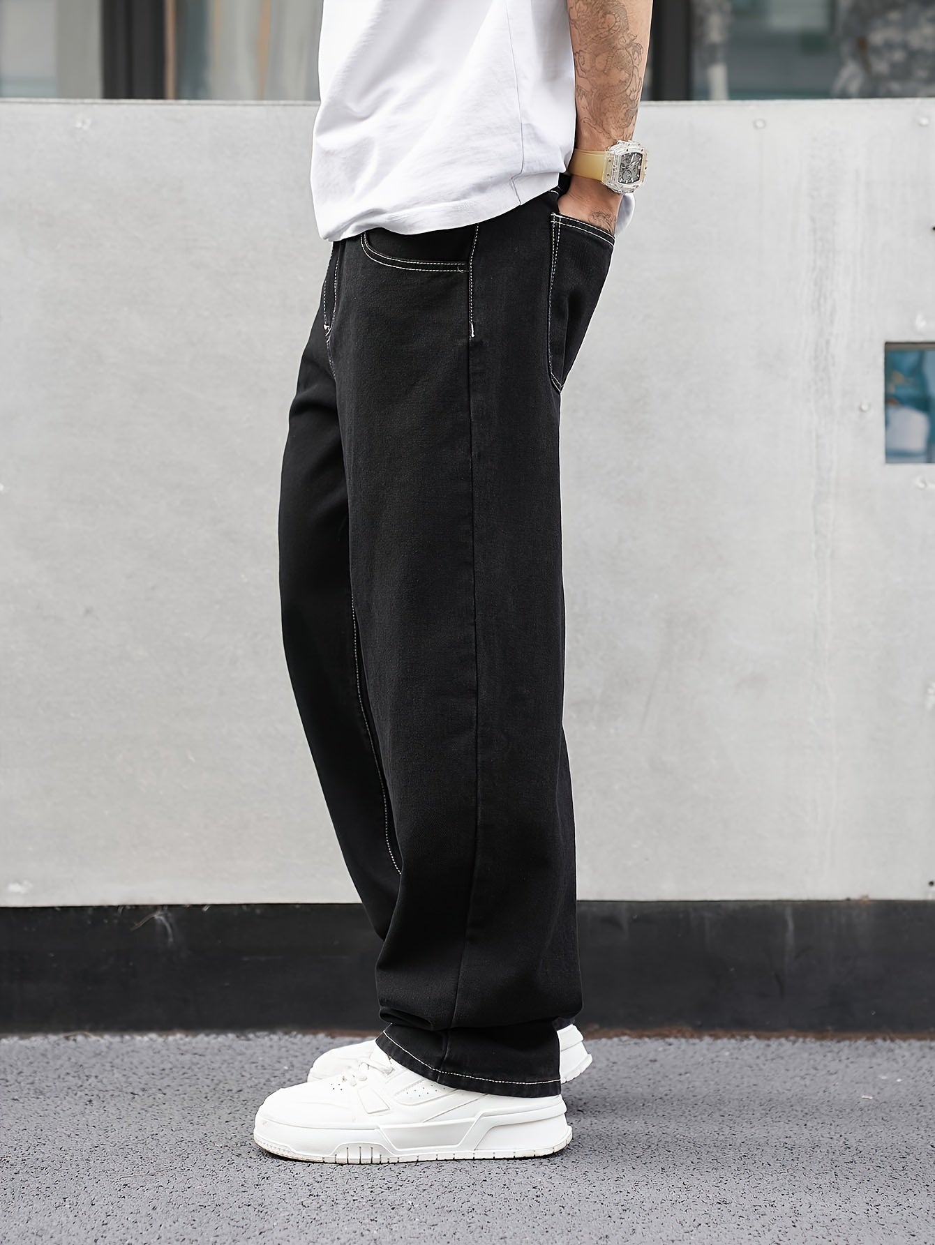 Men's Casual Denim Jeans Loose Fit Raw Wash Cotton Polyester Low Waist Regular Length