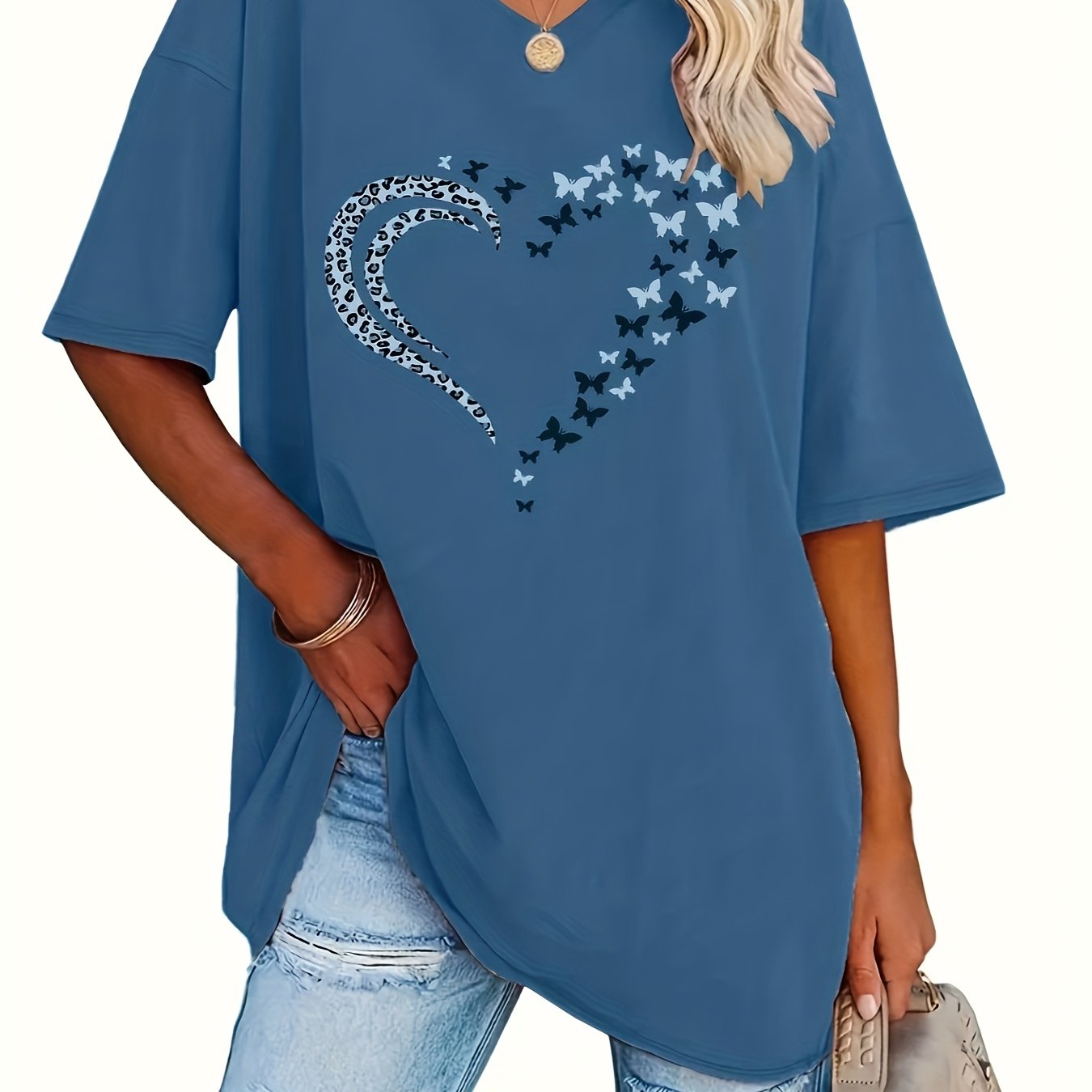 Women V-Neck Short Sleeve Loose T-Shirt Top for Spring Summer