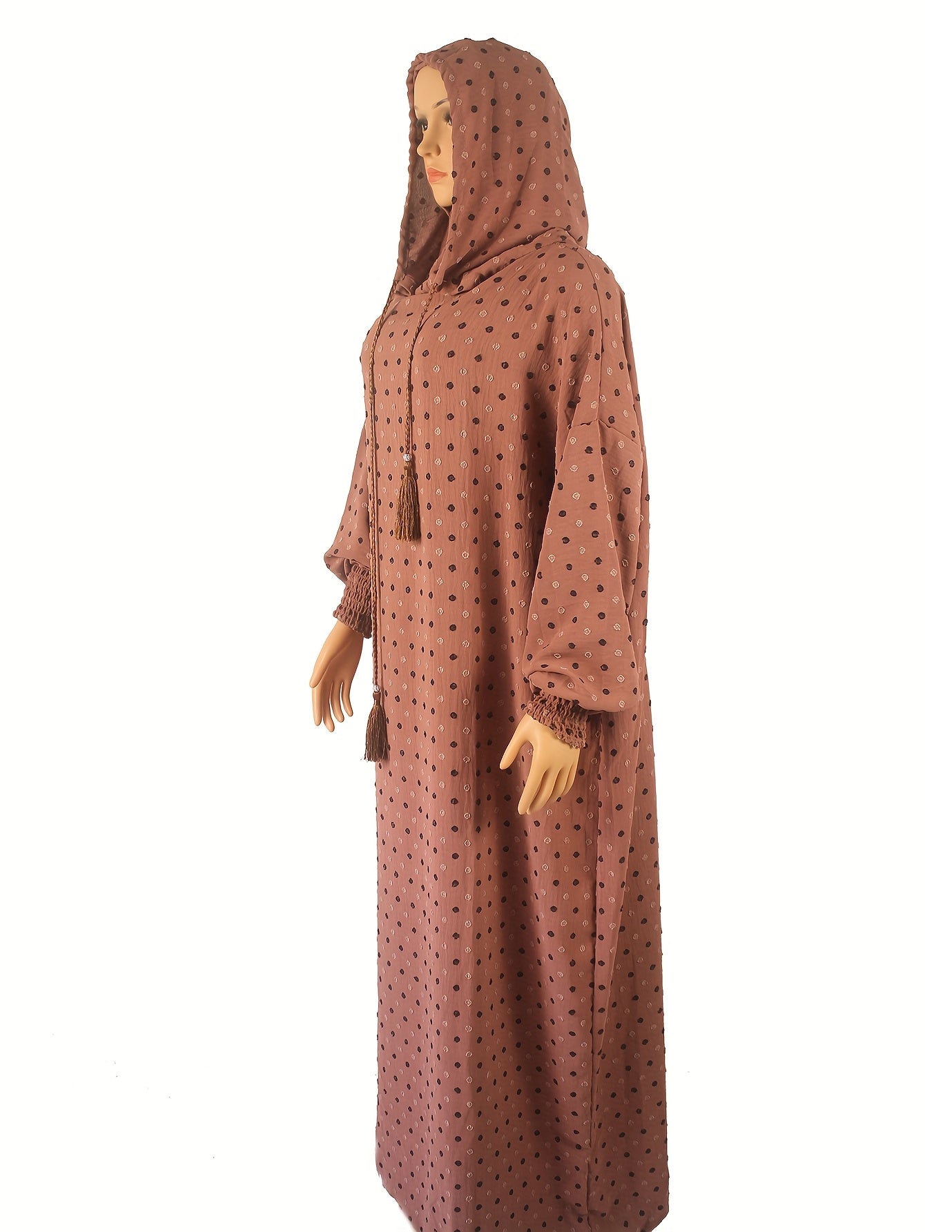 Plus Size Abaya Dress Polka Dot Hood Lantern Sleeves Long Turkish Robe