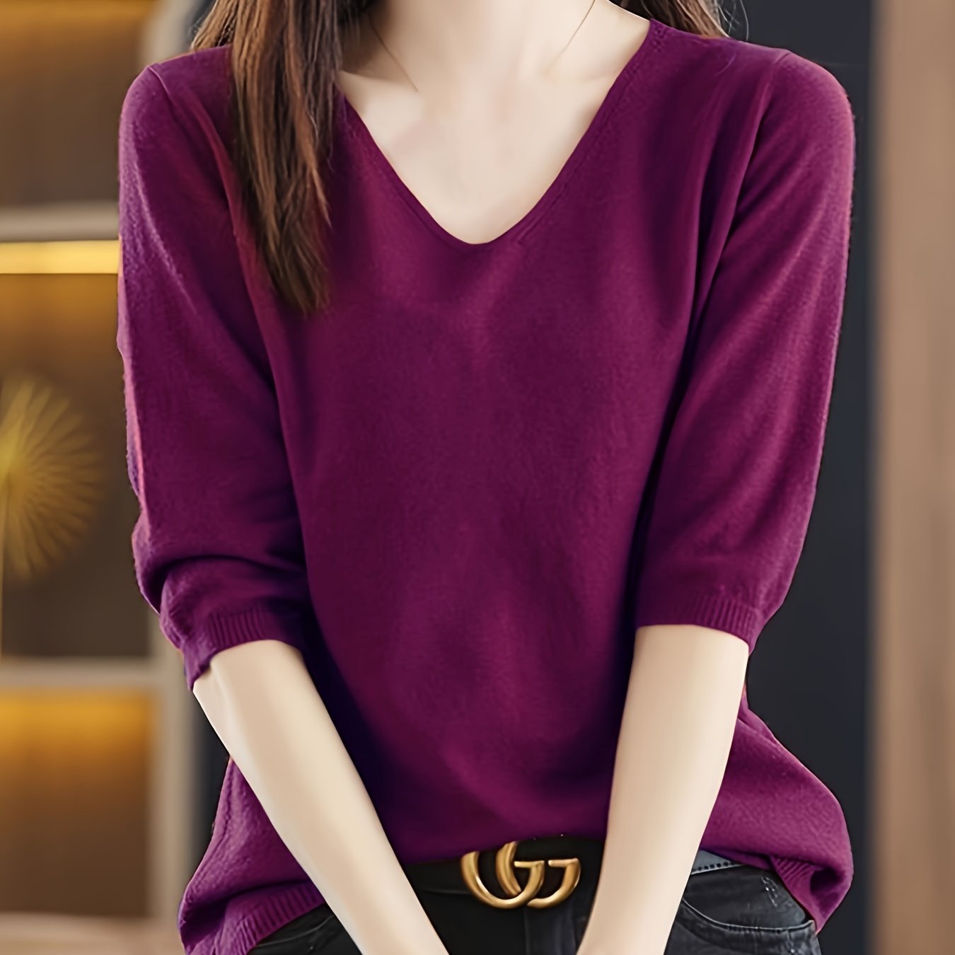 Women's V-Neck Sweater Solid Color Half Sleeve Knit Top for Spring Fall