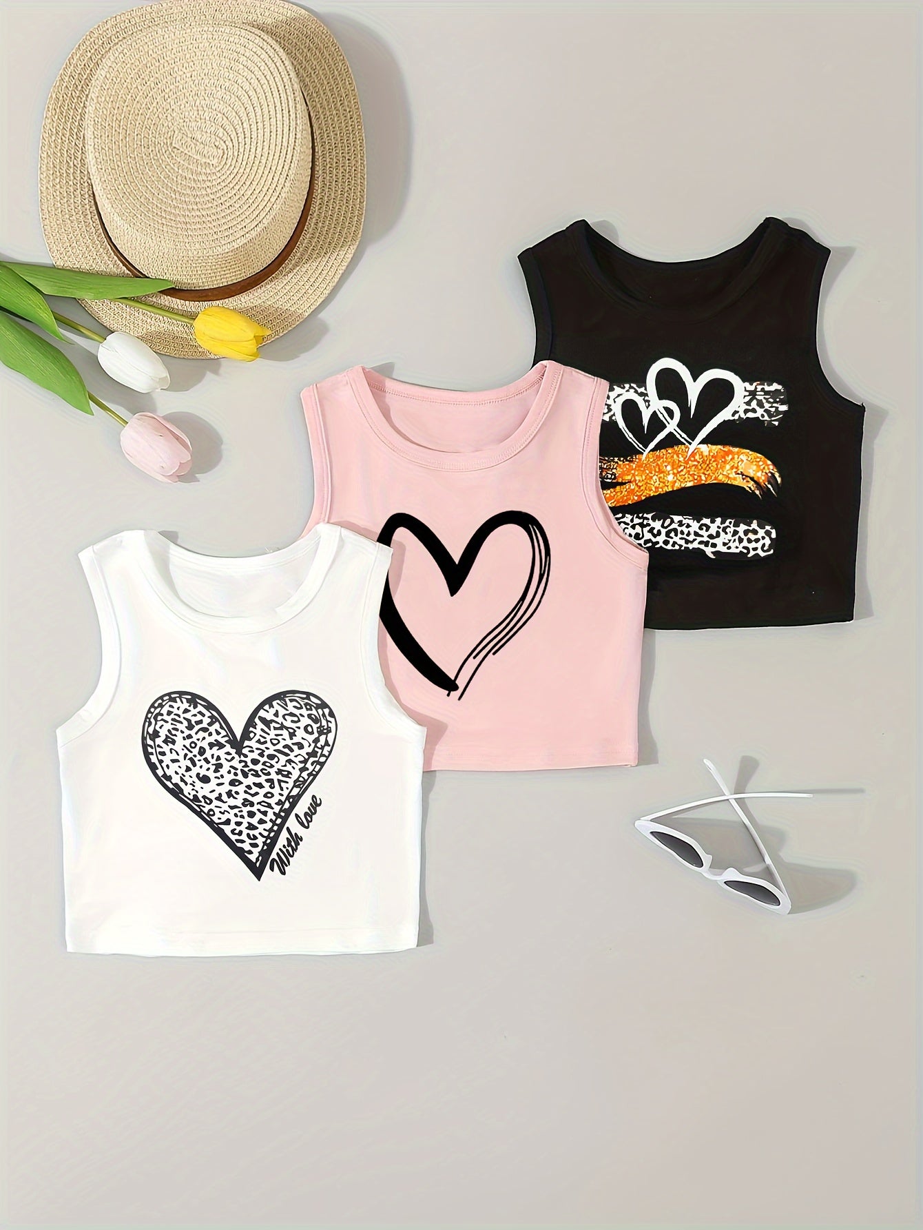 Girls' Summer Knit Vest 3-Pack Heart Pattern Casual Outfits for Ages 3+