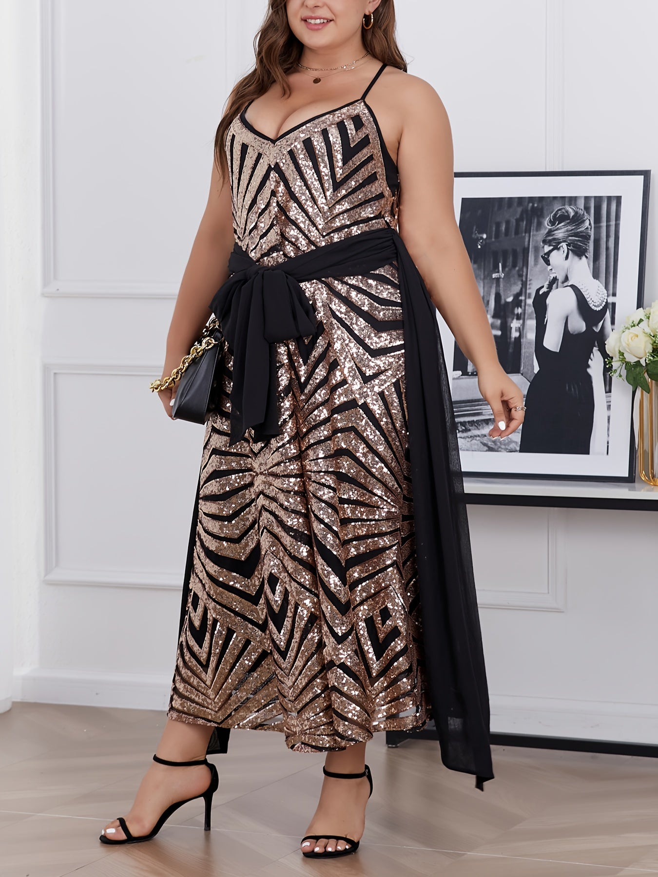 Plus Size Sequin Maxi Dress Black Gold Geometric Sleeveless Summer Gown