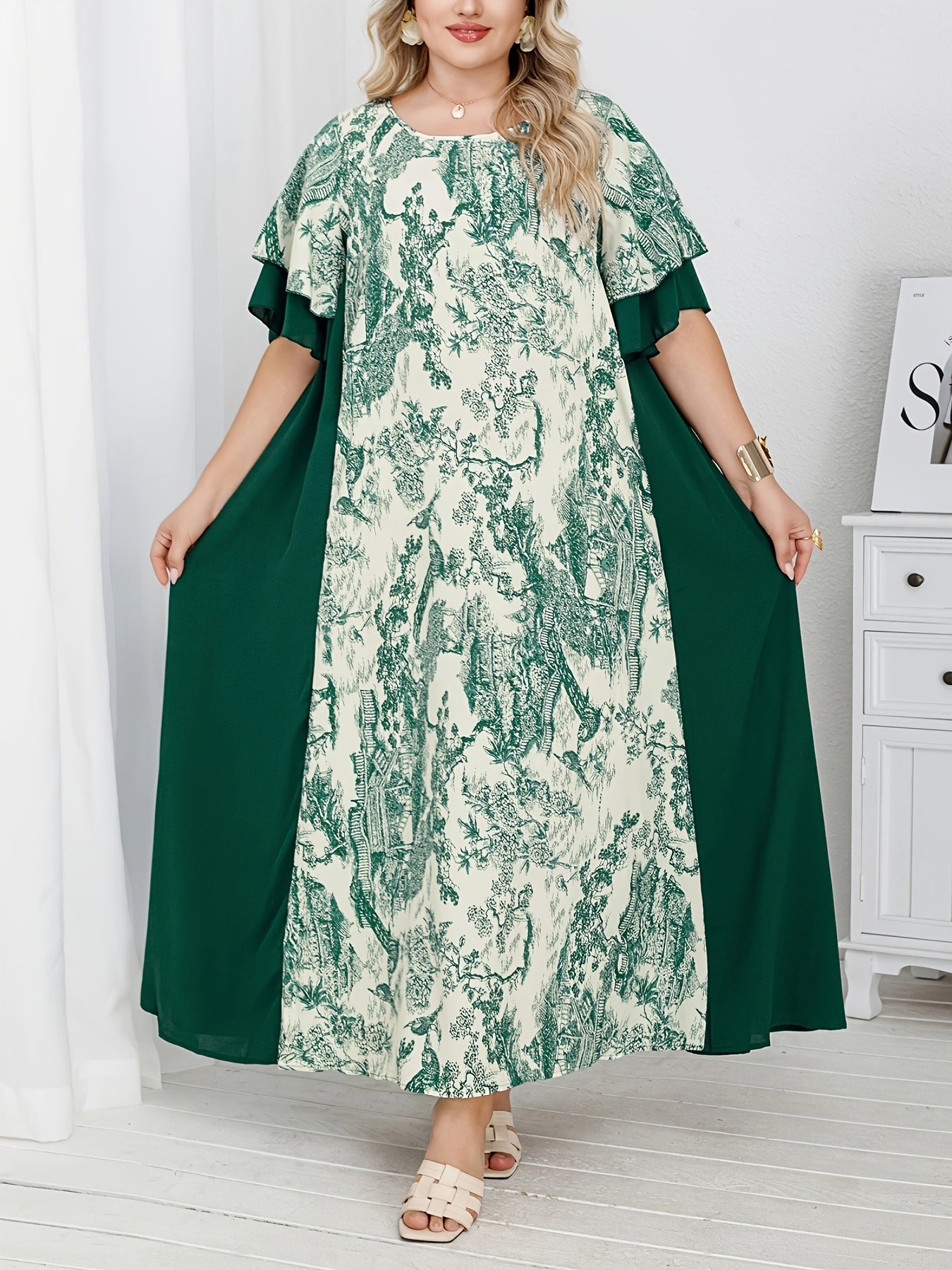 Plus Size Middle Eastern Style Loose Dress With Contrasting Patchwork Print