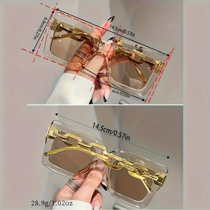 Women's Oversized Square Sunglasses with Gold Chain Temples Mirrored Lenses for Beach and Golf
