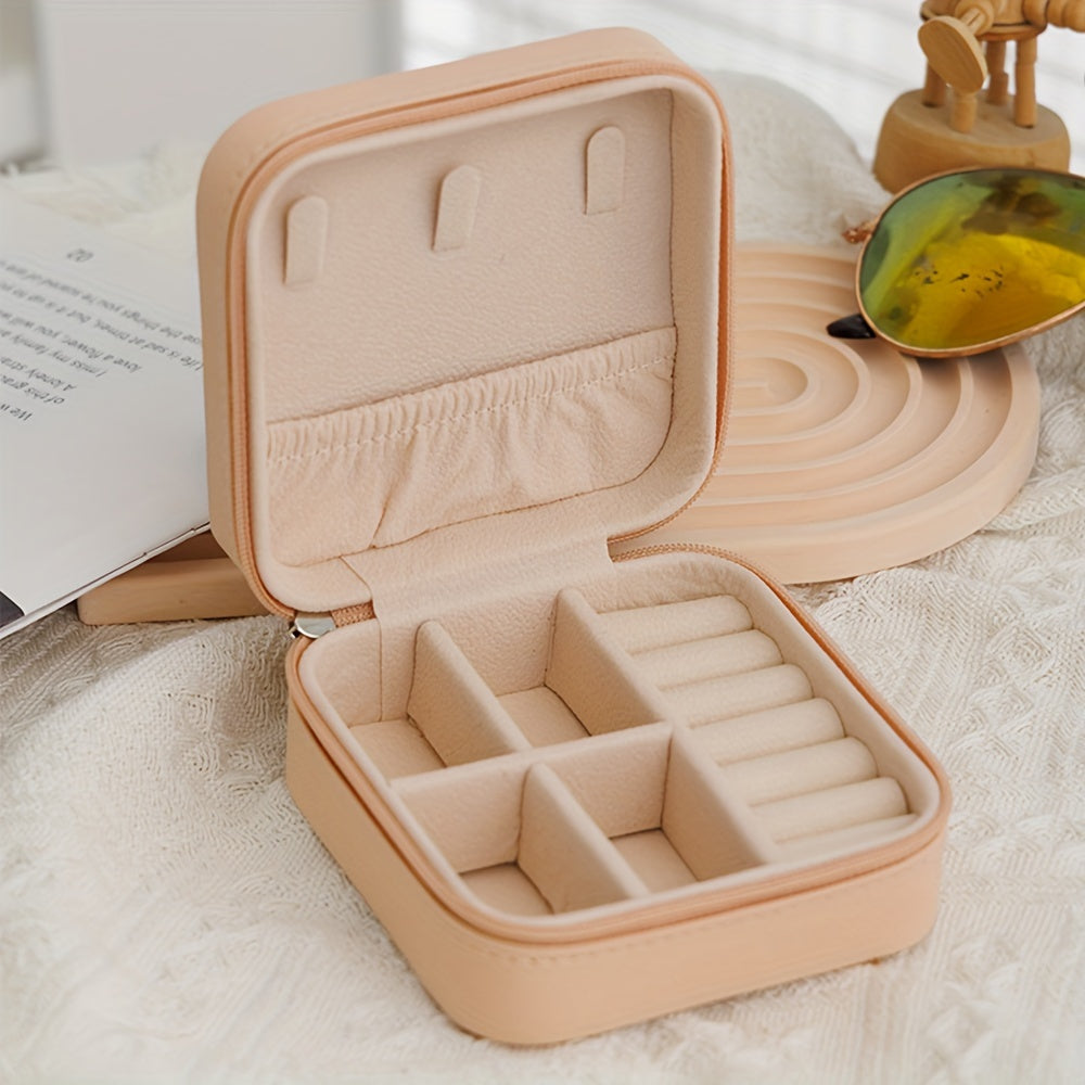 Портативный органайзер для украшений из искусственной кожи с застежкой-молнией, компактный дорожный кейс для колец, серег и ожерелий