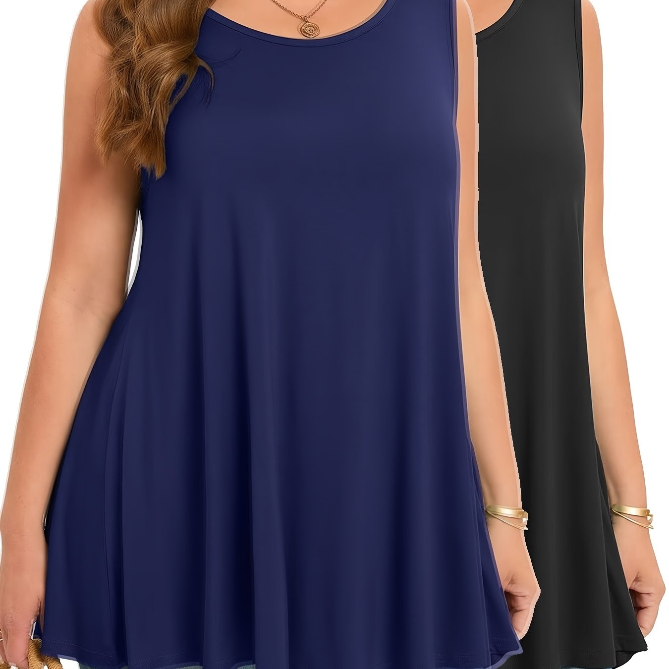 Plus Size Two-Piece Set Sleeveless Tank Top Solid Color Stretchy Casual