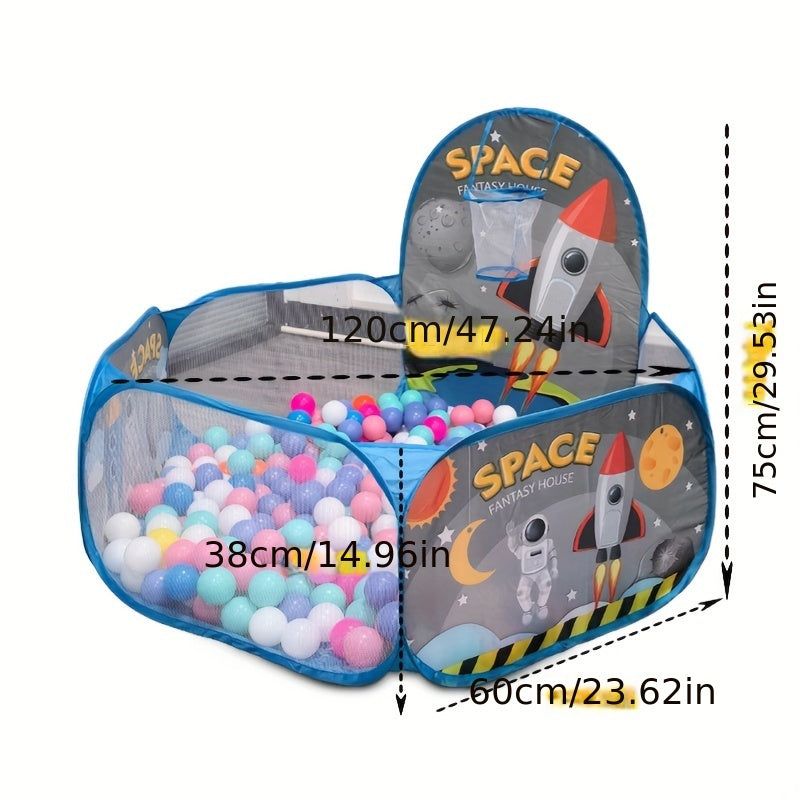 Bolalar uchun ko‘k polyester kosmik mavzuli to‘p o‘yin maydonchasi chodiri, ichki o‘yin uchun, yig‘iladigan va portativ