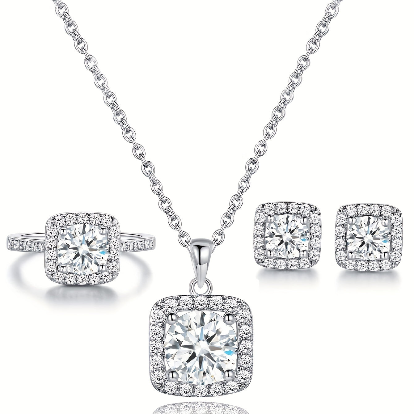 Square Zirconia Jewelry Set Necklace Earrings Ring Gold Plated Bridal Gift