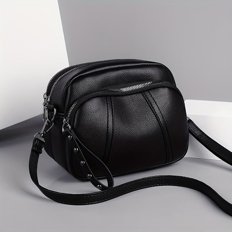 Solid Color Faux Leather Crossbody Bag with Vintage Style and Multiple Pockets