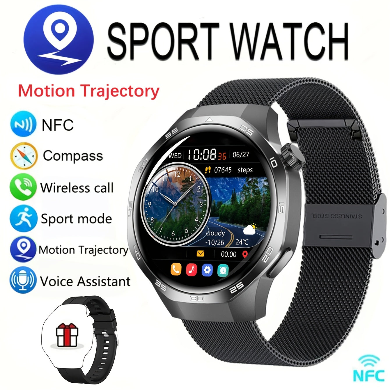 Men's Smartwatch GPS Fitness Tracker with 360x360 HD Screen AI Voice Call NFC 100+ Sports Modes