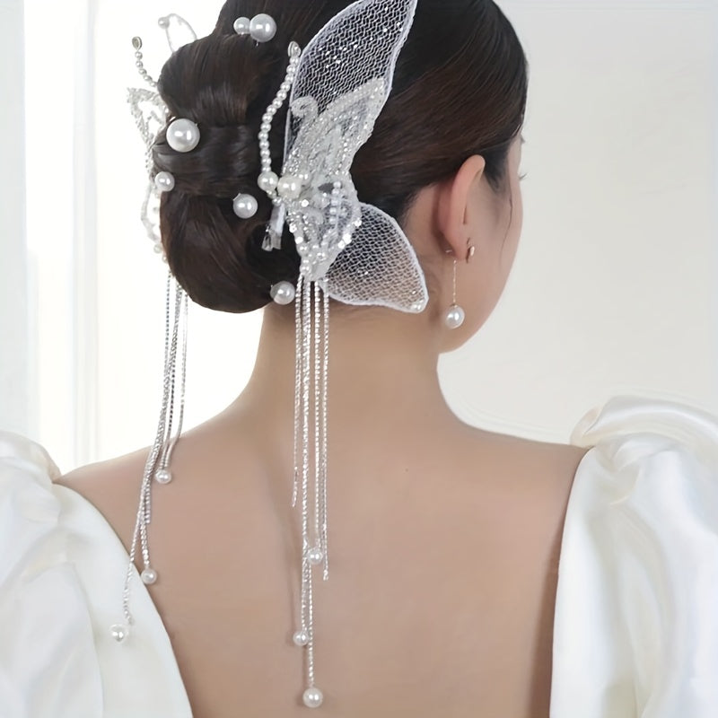 Women's Embroidered Butterfly Wing Hair Clips with Faux Pearl Tassel and Non-Slip Duck-Billed Clamp