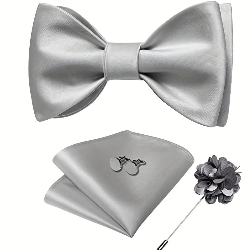 Men's 4-Piece Suit Accessory Set Silk Bow Tie Flower Lapel Pin Cufflinks Handkerchief for Weddings