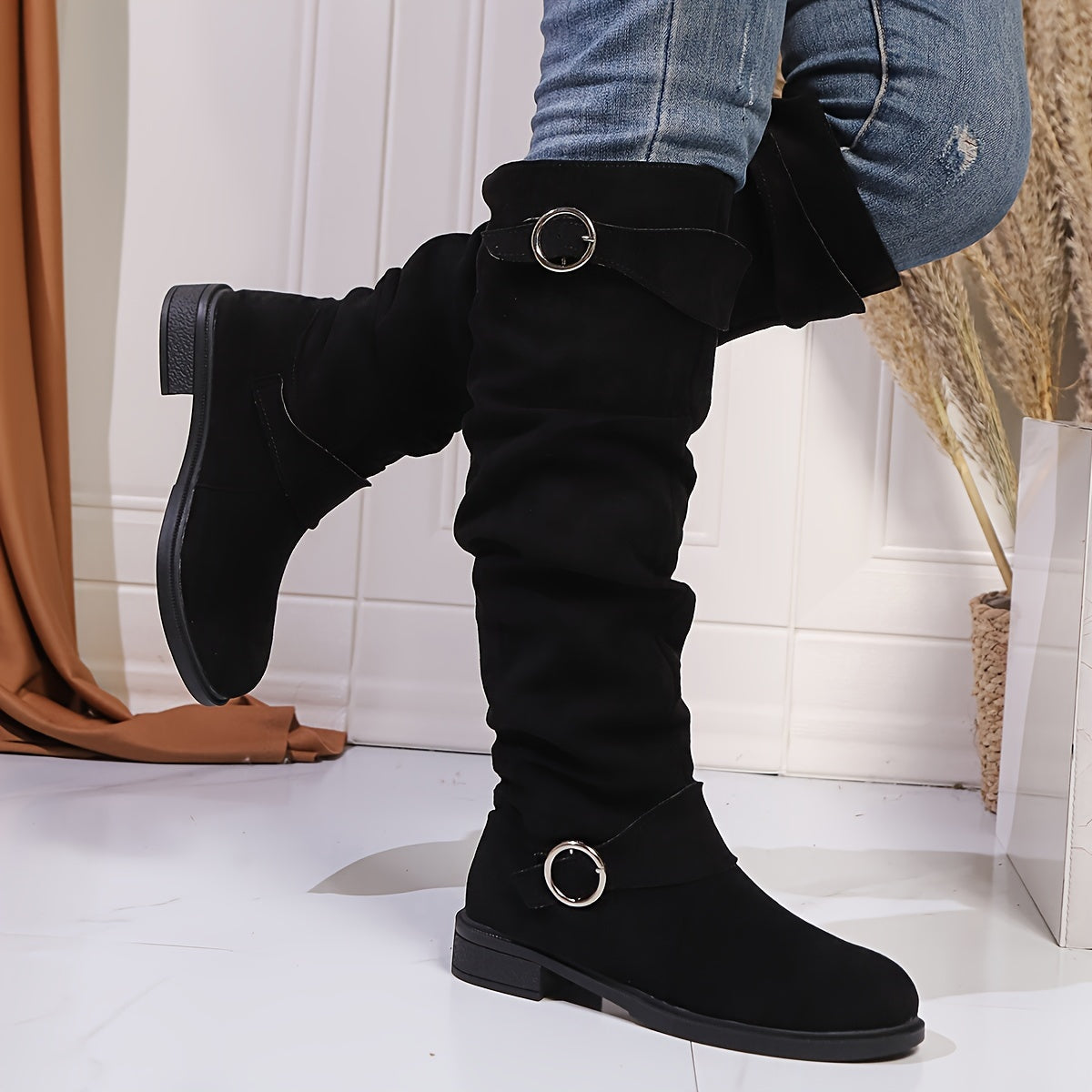 Women's Velvet Knee-High Boots with Buckle, Solid Color, Low Heel