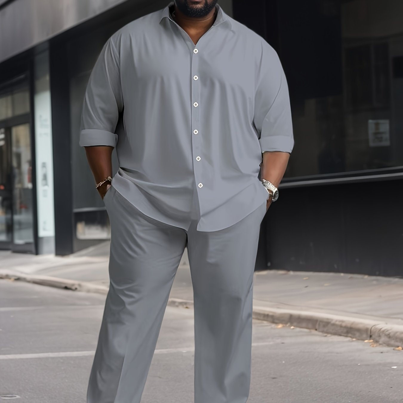 Men's Plus Size Casual Outfit Set Long Sleeve Button-Up Shirt and Pants with Pockets