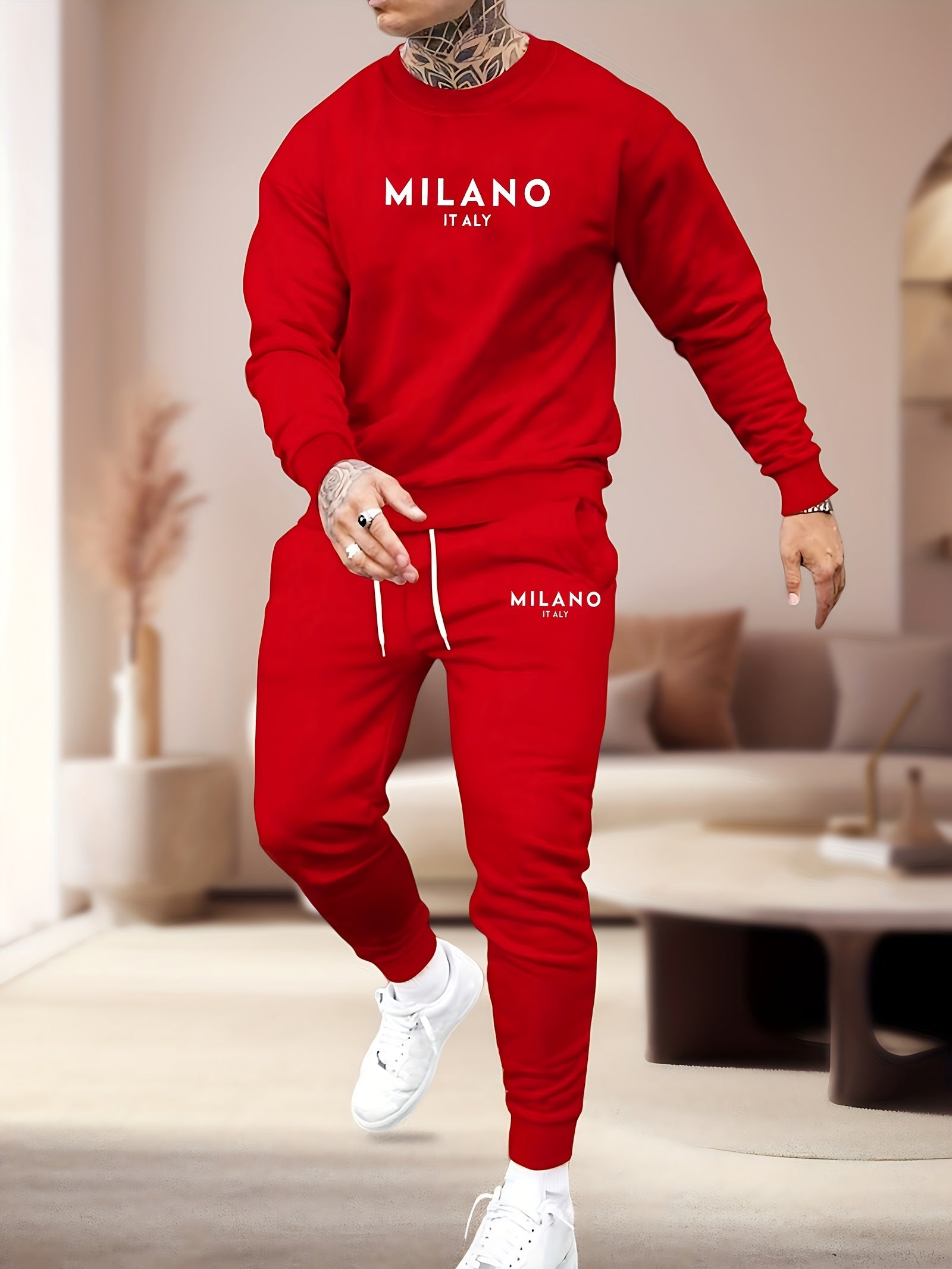 Men's Polyester Printed Hoodie and Joggers Set Fall Casual