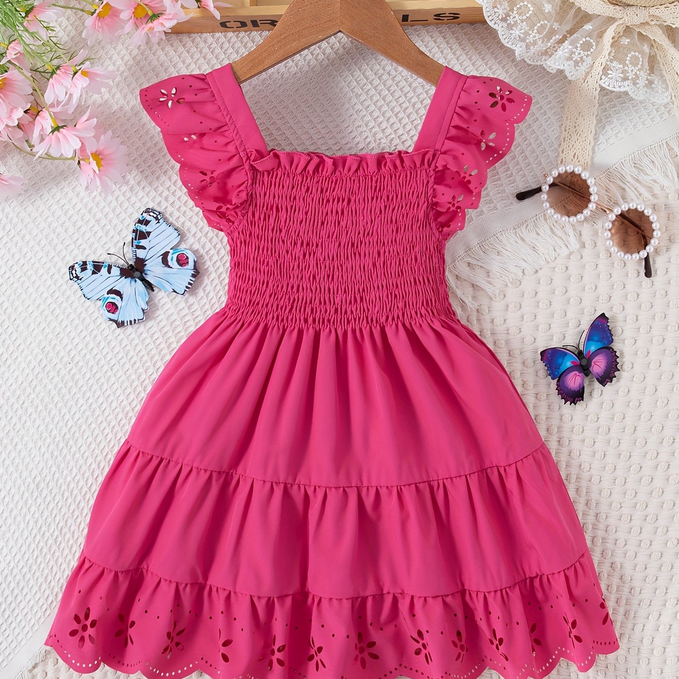 Girls Summer Solid Ruffle Sleeve Square Neck Knee High Dress
