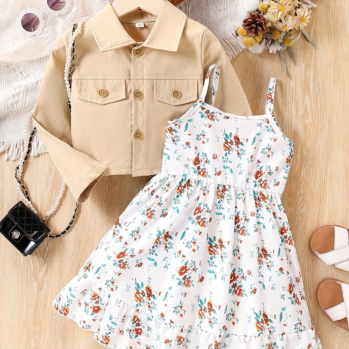 Bolalar uchun polyester gulli yubka to'plami, crop jaket va slingback poyabzal bilan