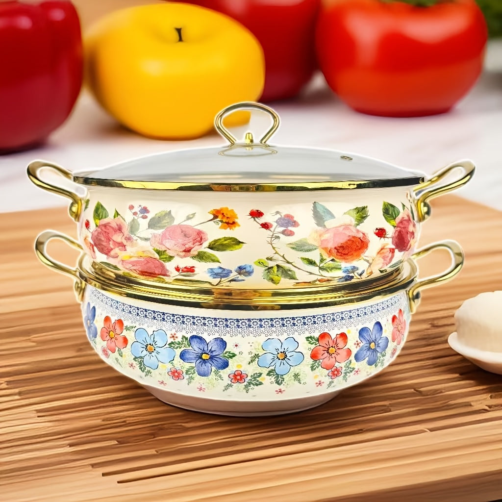 Katta sig'imli retro emal qozon, nafis gullar dizayni va oltin qirralar bilan bezatilgan. Har qanday plita uchun mos va ko'p oilalar uchun ovqat tayyorlashda ideal.