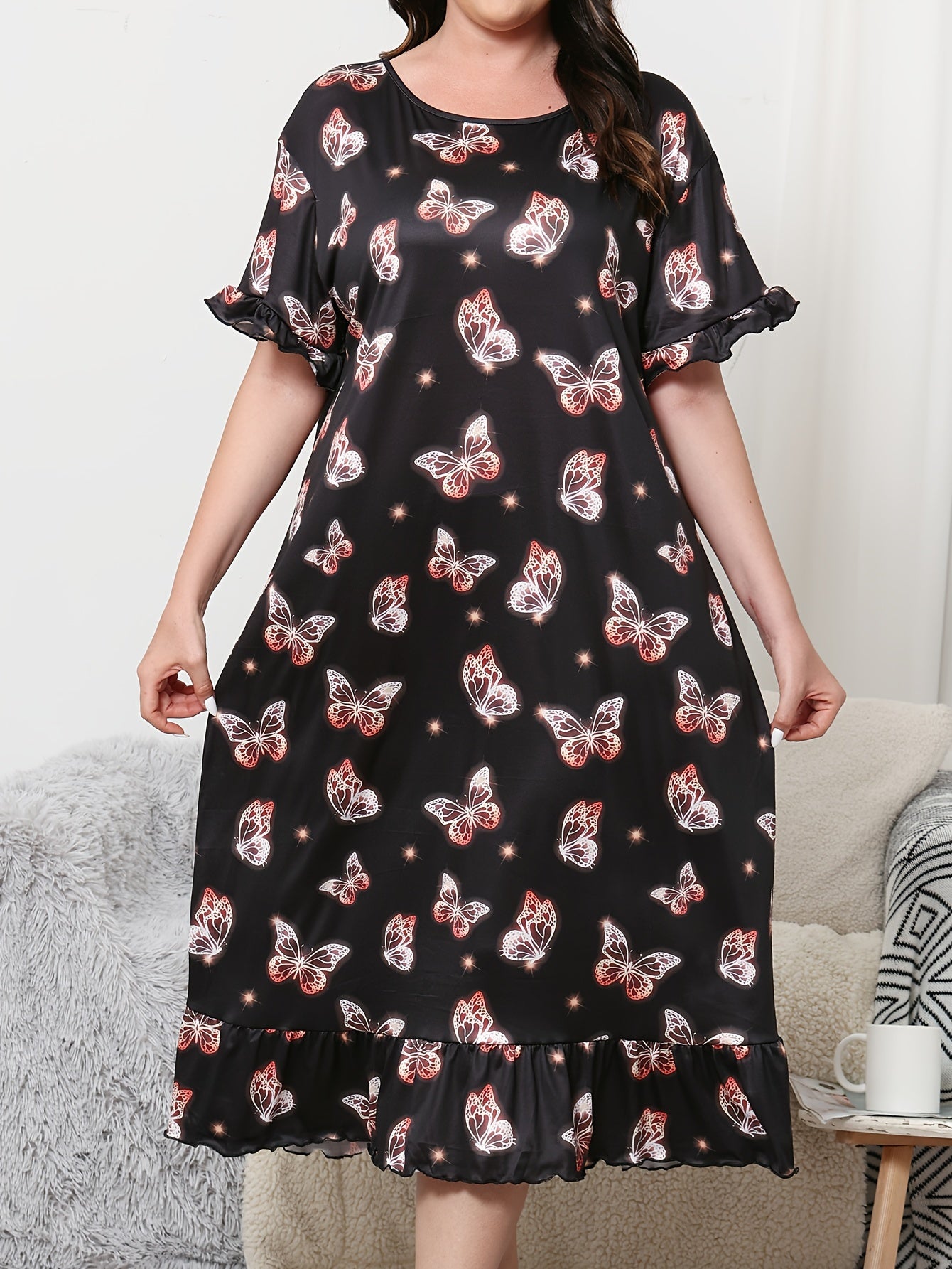 Plus Size Women's Butterfly Print Sleep Dress Loose Fit Nightgown Nightwear