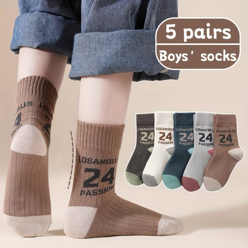 5 Boys' Crew Socks Polyester Blend Geometric Patterns Breathable All-Season