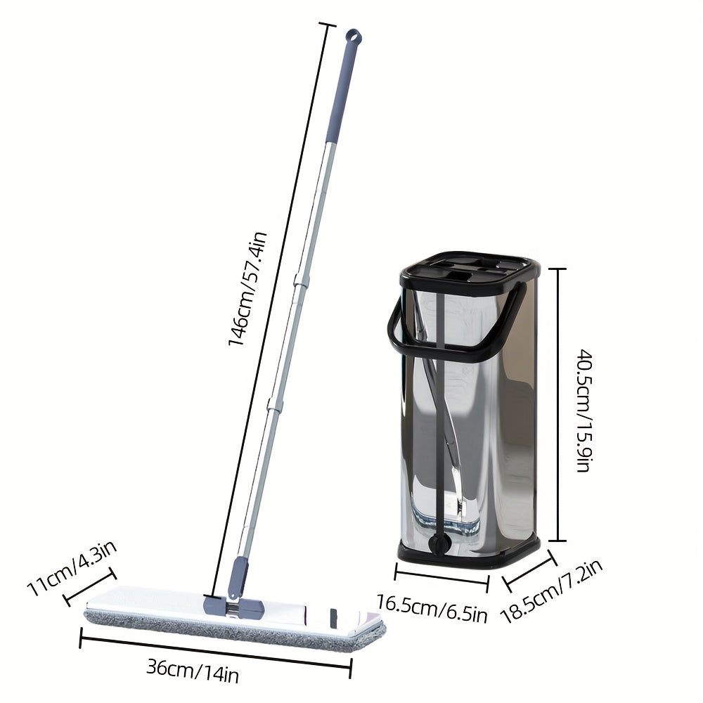 Juego de fregona plana y cubo de acero inoxidable para cocina, baño y sala de estar