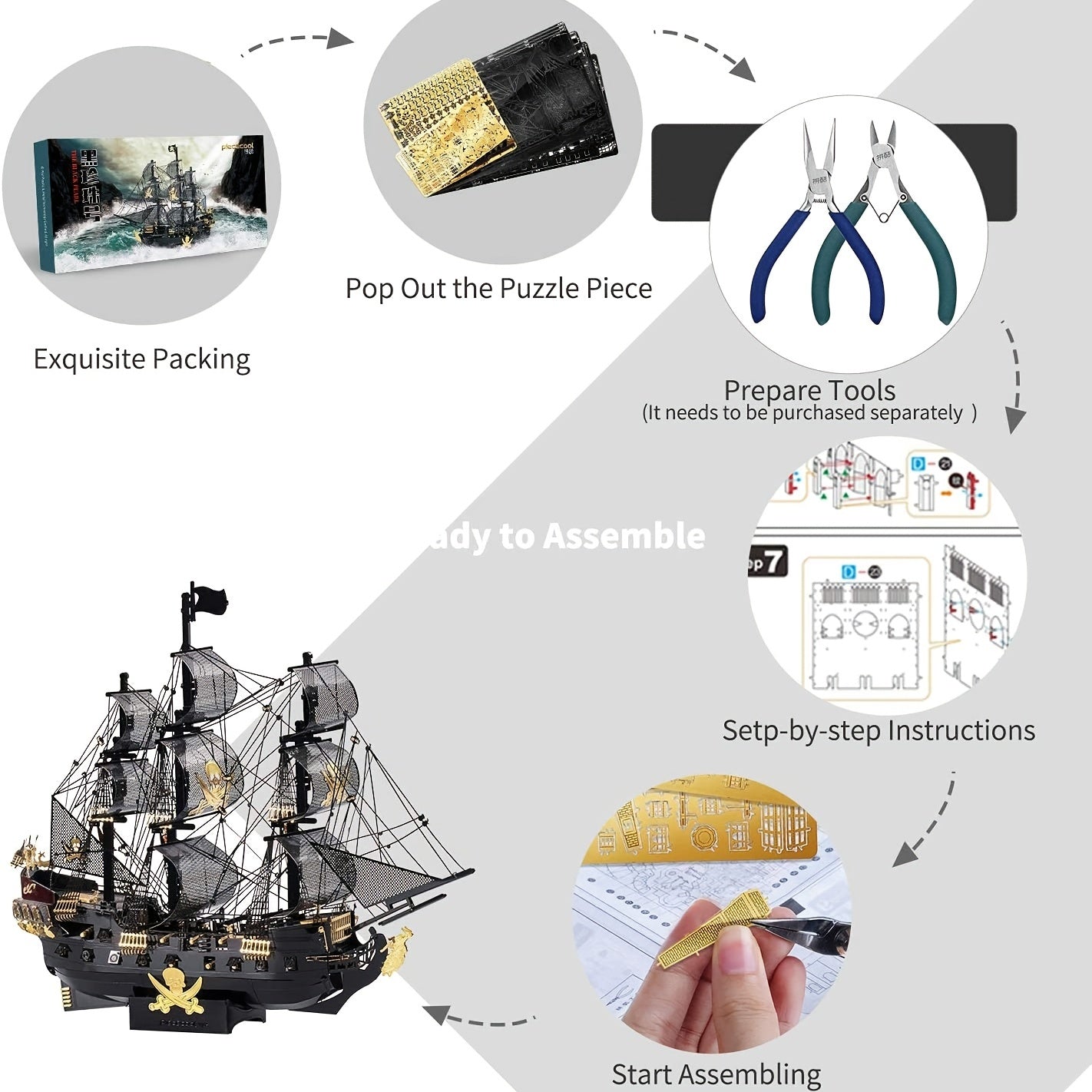 Rompecabezas de cobre 3D para adultos, modelo de barco pirata Flying Dutchman, kit de bricolaje, regalo de artesanía náutica