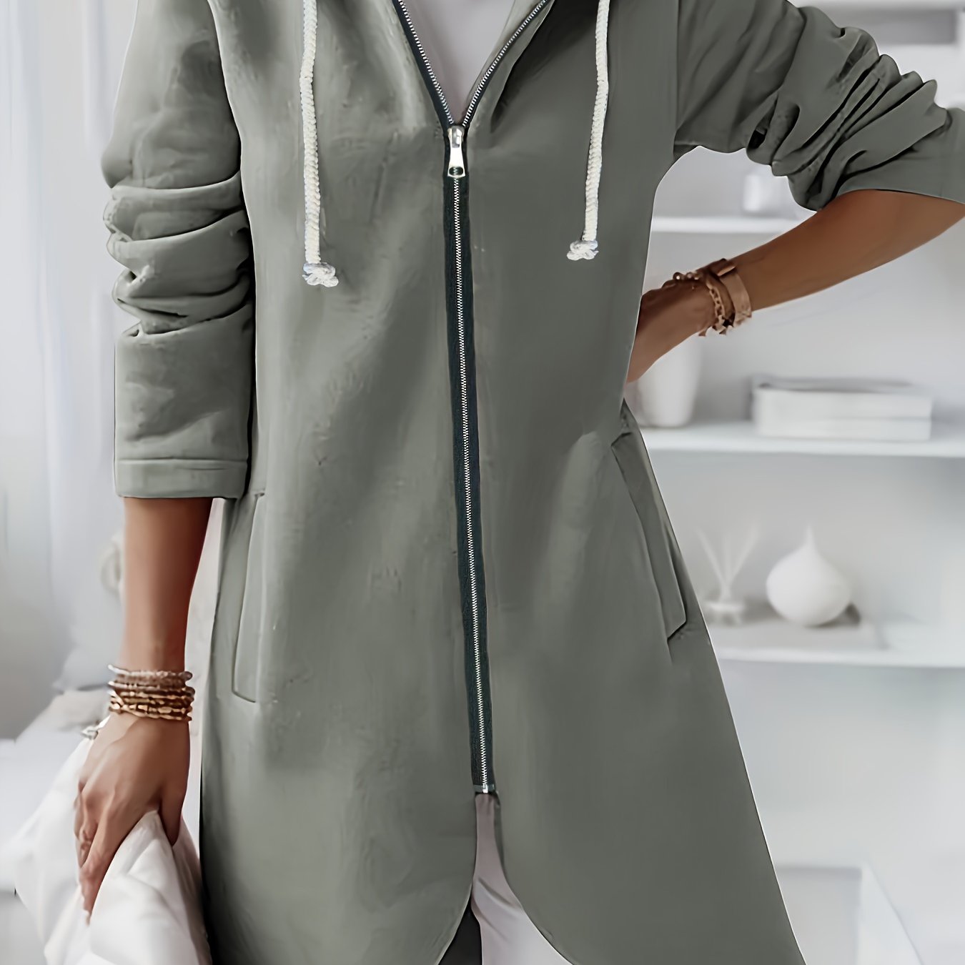 Women's Fleece-Lined Zip-Up Hoodie Casual Street Style Dark Green Drawstring Pocket