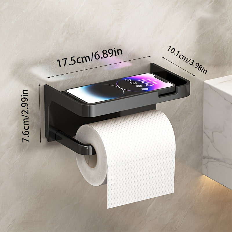 Wall-Mounted Toilet Paper Holder with Phone Shelf Polished Finish Self-Adhesive Bathroom Storage