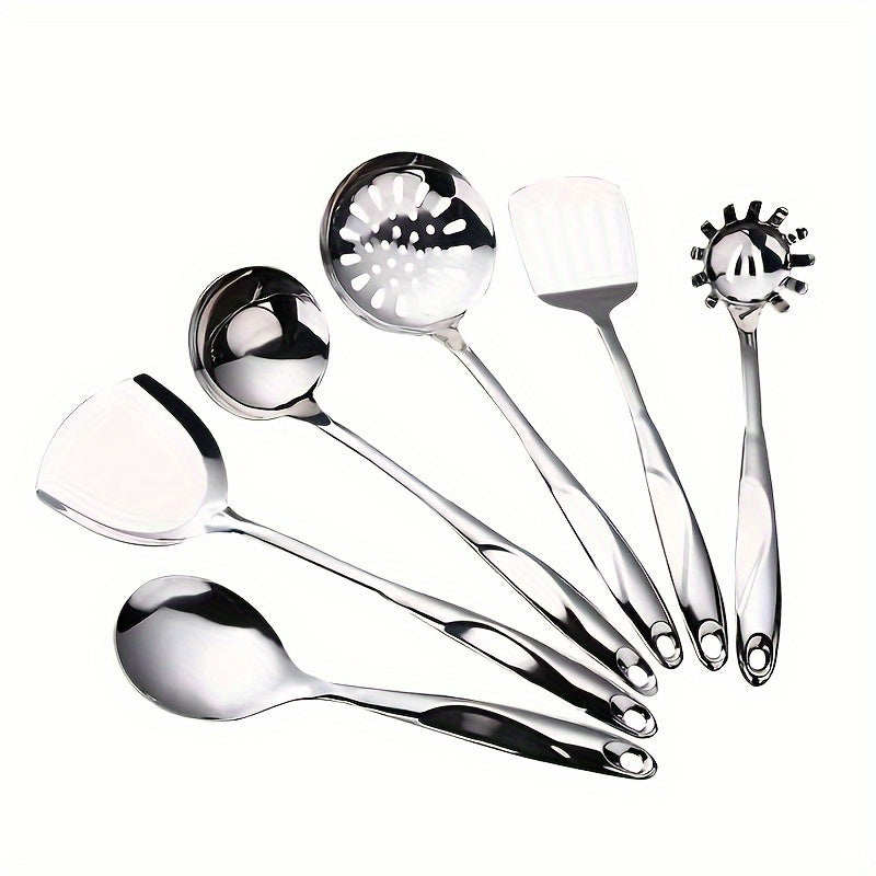 Six-Piece Stainless Steel Kitchen Utensil Set with Hollow Handles and Mirror Finish