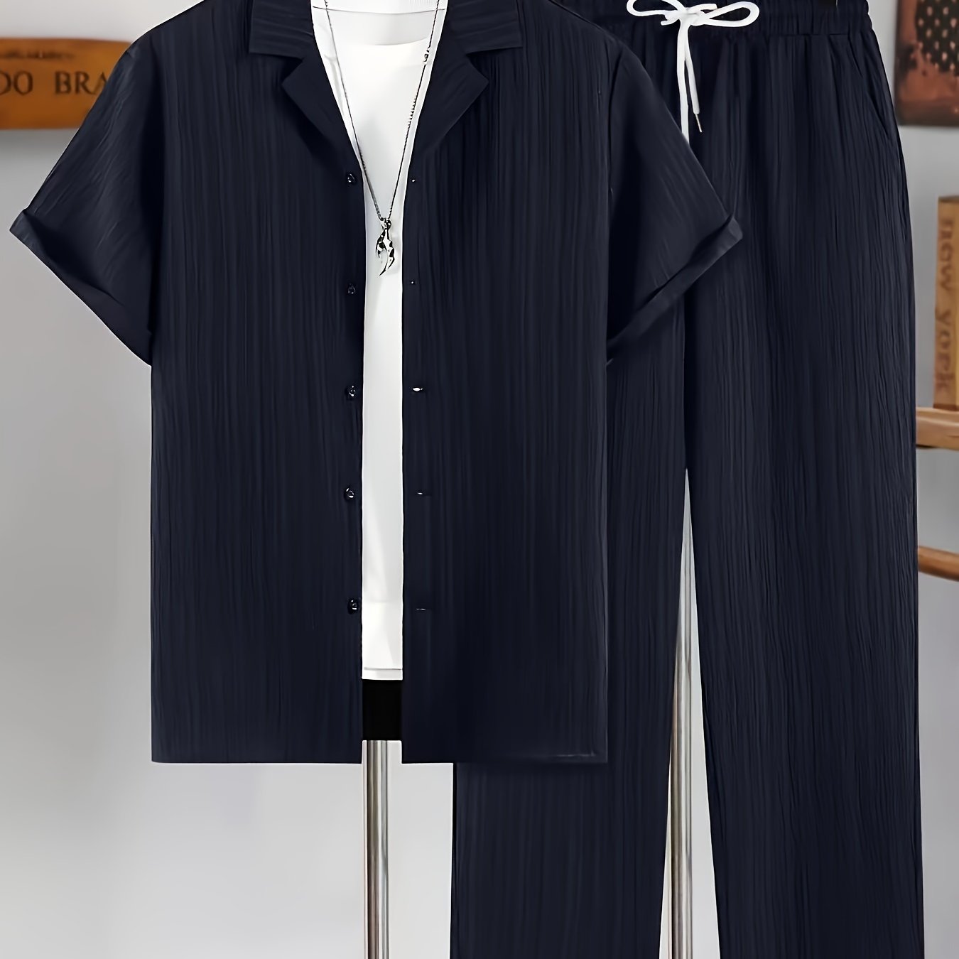 Men's Casual 2-Piece Set Short-Sleeve Cuban Collar Shirt and Drawstring Pants Polyester Blend Spring Fall