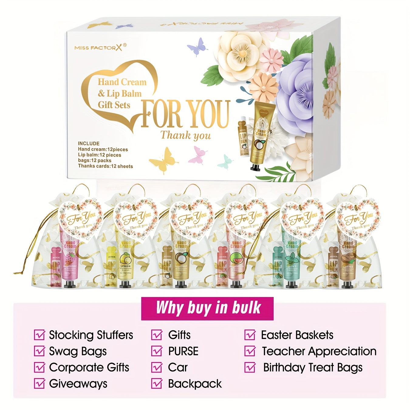 12-Piece Hand Cream and Lip Balm Gift Set with Hyaluronic Acid Glycerin Floral Scented in Heart-Shaped Pouches for Weddings and Events