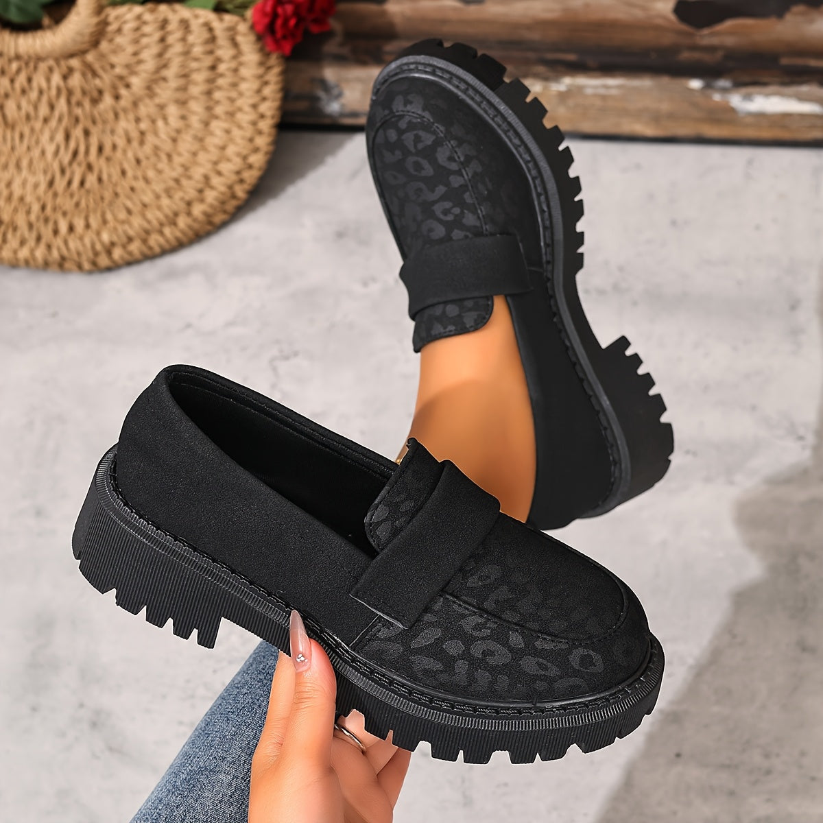 Women Leopard Print Loafers Thick Sole Comfortable Slip-On Shoes