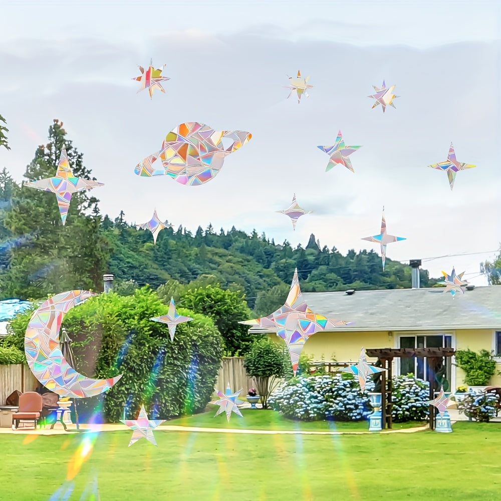 Rainbow Prism Static Cling Window Stickers Set with Glitter Star Moon Decals for Eid Decor