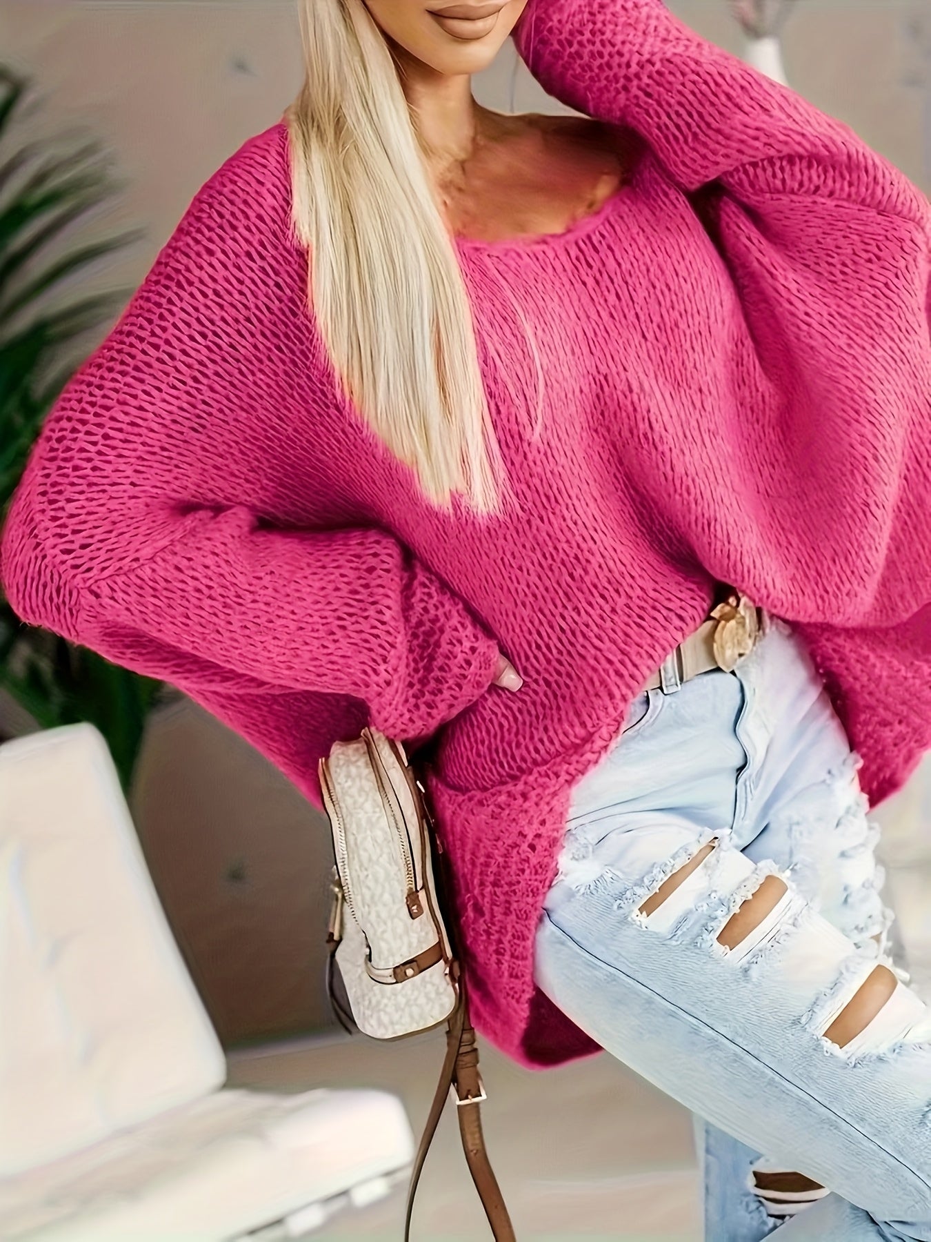 Plus Size Women's V-Neck Off-Shoulder Sweater Textured Pullover for Fall Winter