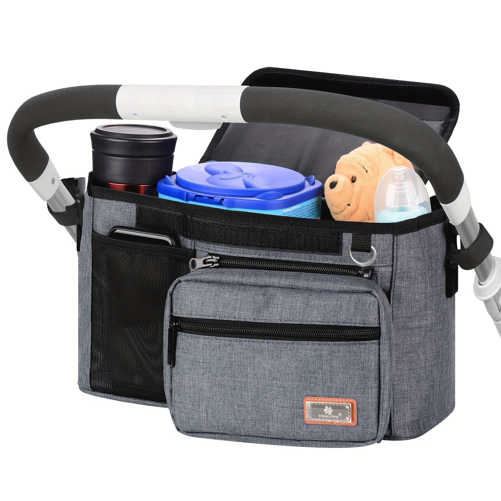 Ajratiladigan fermuarlı sumka, salfetkalar uchun joy, telefon cho'ntagi, shisha ushlagich va yelka tasmalari bilan aravachalar uchun tashkilotchisi - yuguruvchilar va aravacha qoplari uchun ideal, aksessuarlarni tartibga solish uchun mukammal.