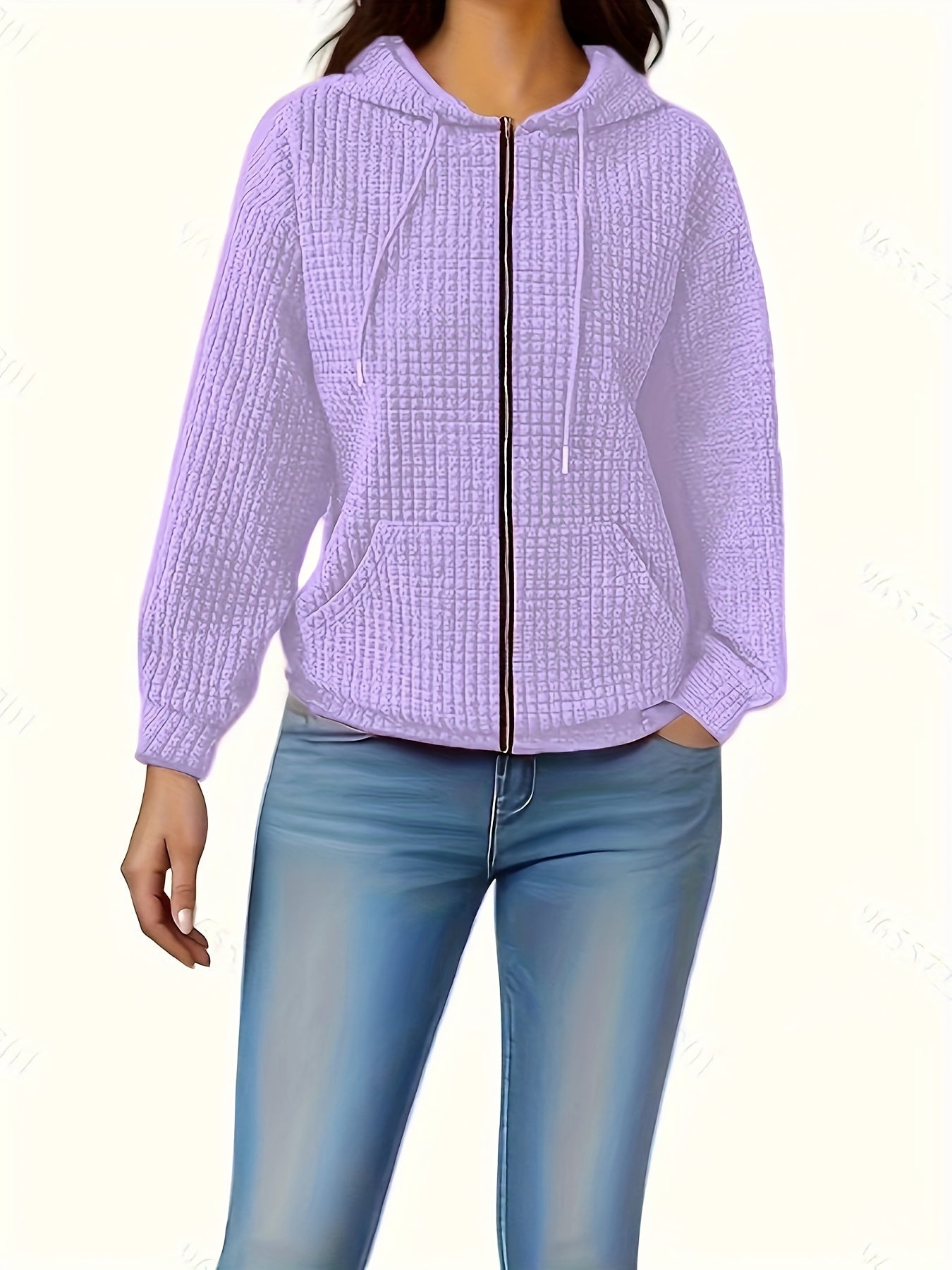 Sudadera con capucha de waffle para mujer talla grande con bolsillos con cremallera y cordón