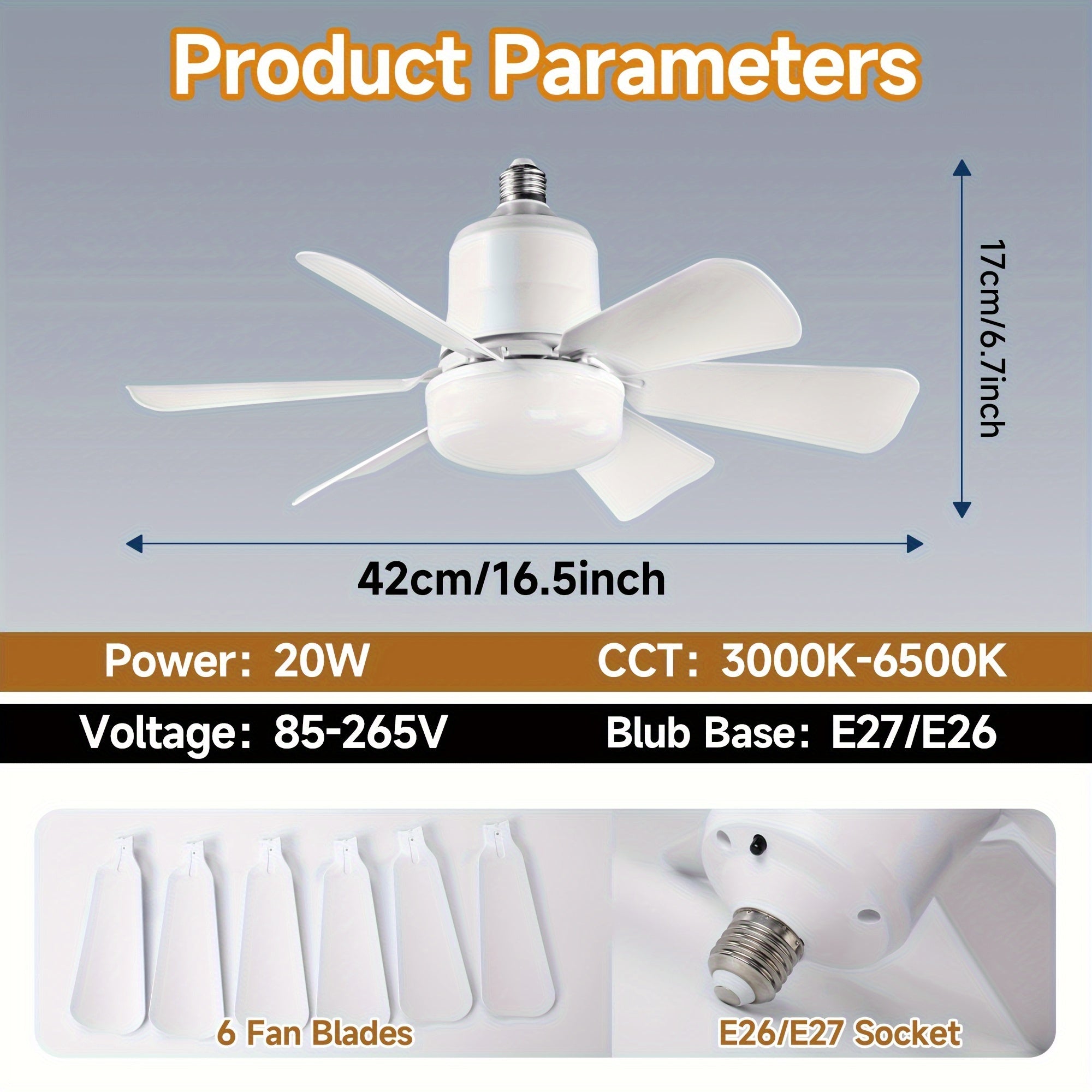 Dual-pack white E26/E27 screw socket fan lights with remote control, 3-speed, 3 colors, adjustable LED light