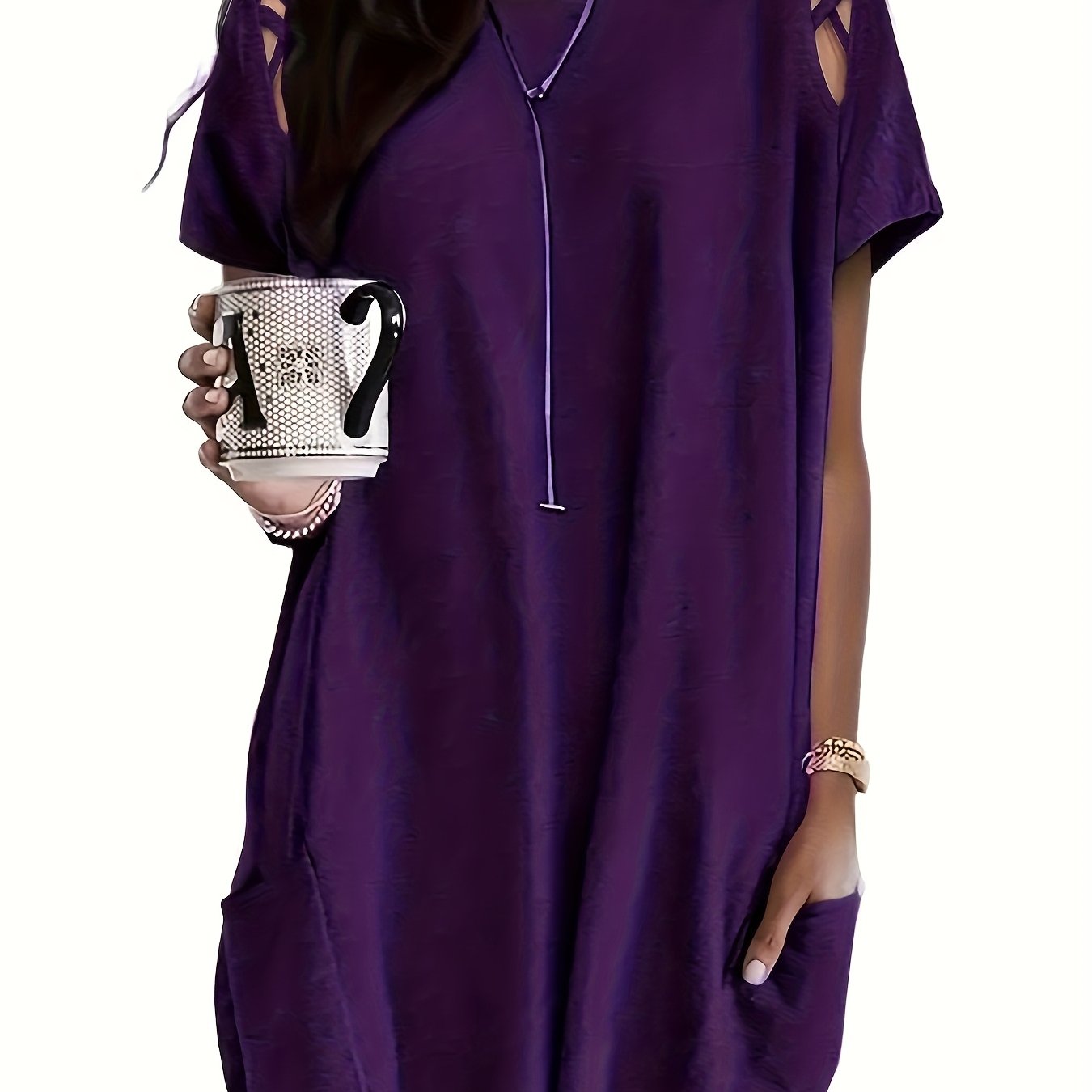 Blusa túnica negra de manga batwing para mujer con detalle de correa cruzada